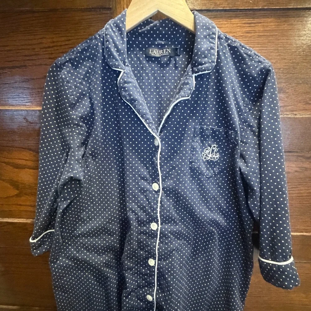 Lauren Ralph L. large Navy Polka Dot Button Down pajama nightgown sleep shirt